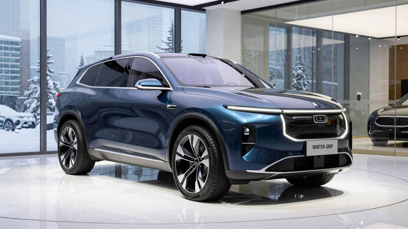 Veículo SUV elétrico moderno cinza exposto num salão iluminado com janelas para paisagem urbana nevada.
