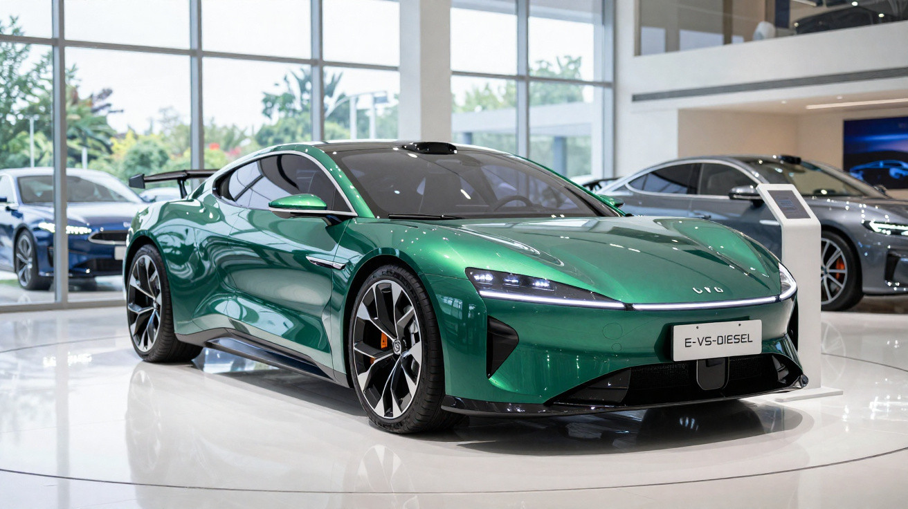 Carro desportivo elétrico verde escuro exposto num showroom moderno com grandes janelas e outros carros ao fundo.