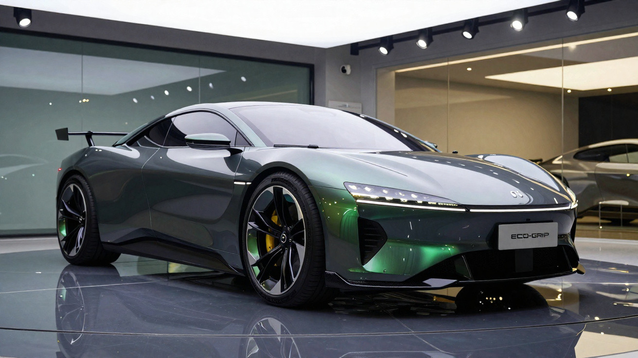 Automóvel desportivo cinza metálico com design futurista exibido num showroom moderno.