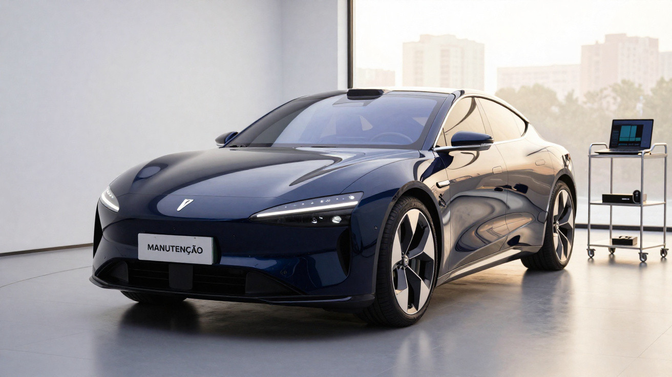 Carro elétrico desportivo azul escuro em oficina moderna com placa de matrícula "Manutenção".