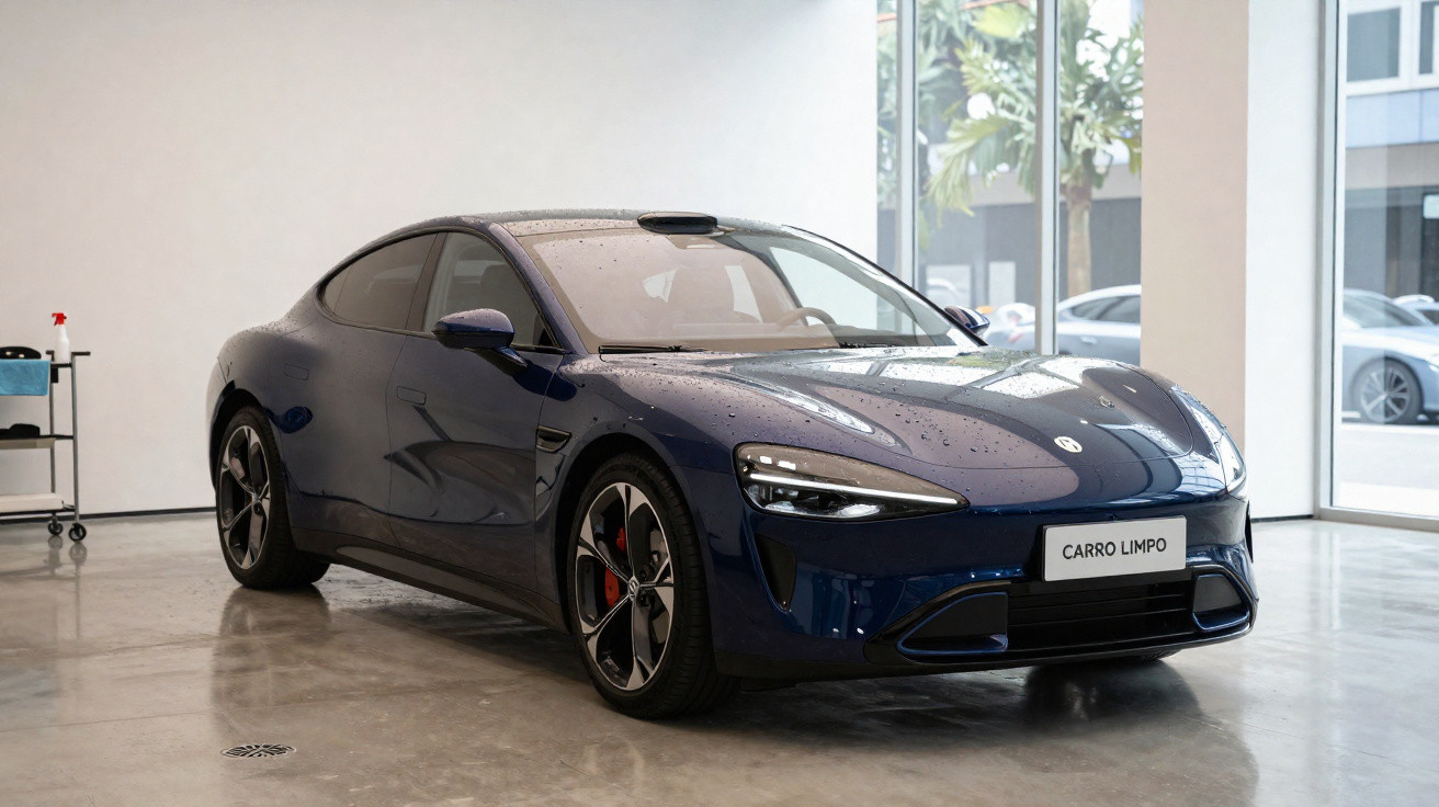 Carro elétrico desportivo azul escuro estacionado em piso de cimento polido dentro de sala moderna.