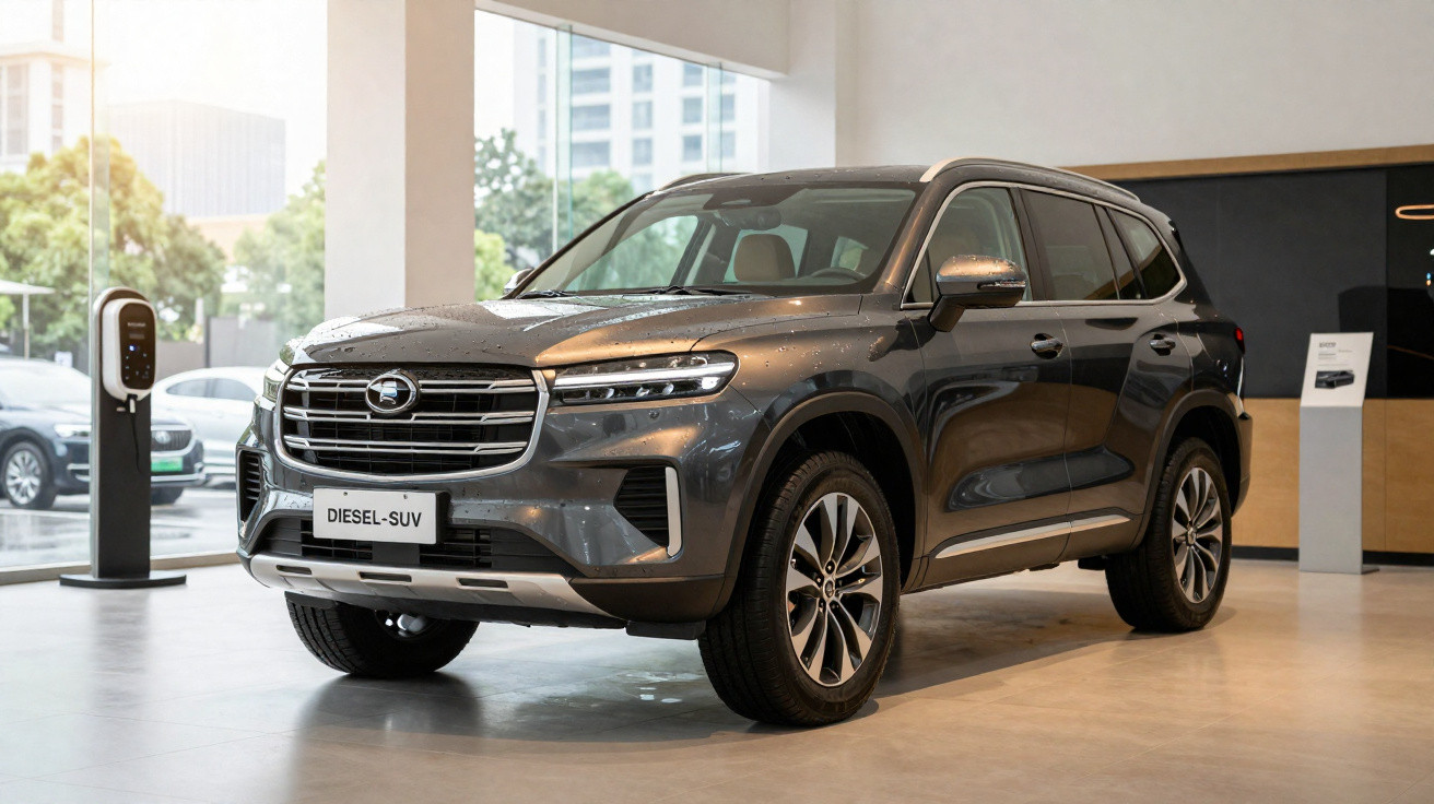 SUV diesel cinzento estacionado dentro de uma garagem moderna com carregador elétrico ao lado.