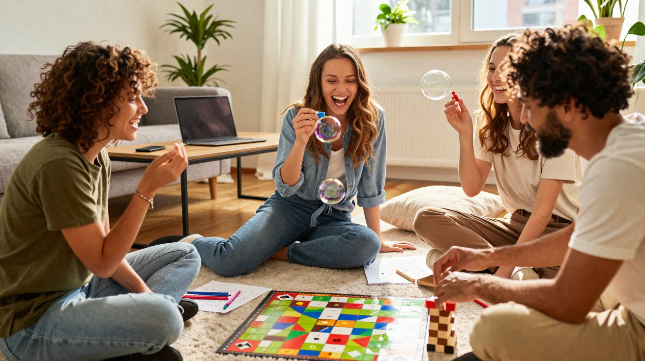 Três amigos sentados no chão a jogar um jogo de tabuleiro e a soprar bolhas de sabão numa sala acolhedora.