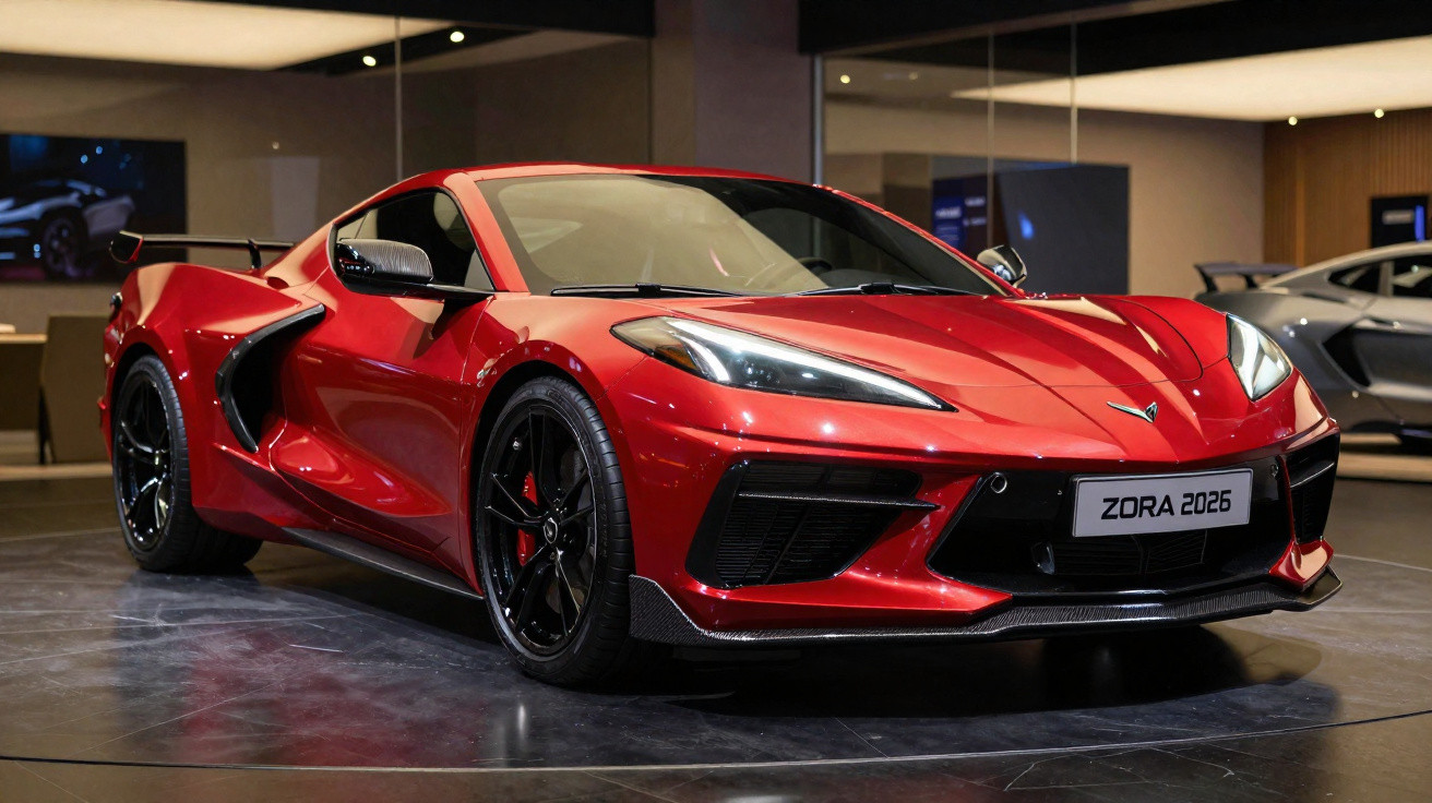 Carro desportivo vermelho zebra 2026 estacionado em salão com paredes espelhadas.