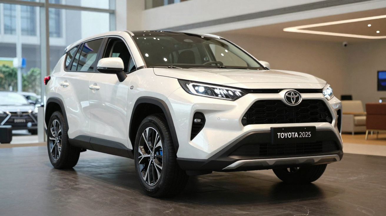 SUV branco Toyota modelo 2025 exposto em sala de exposição moderna e iluminada.