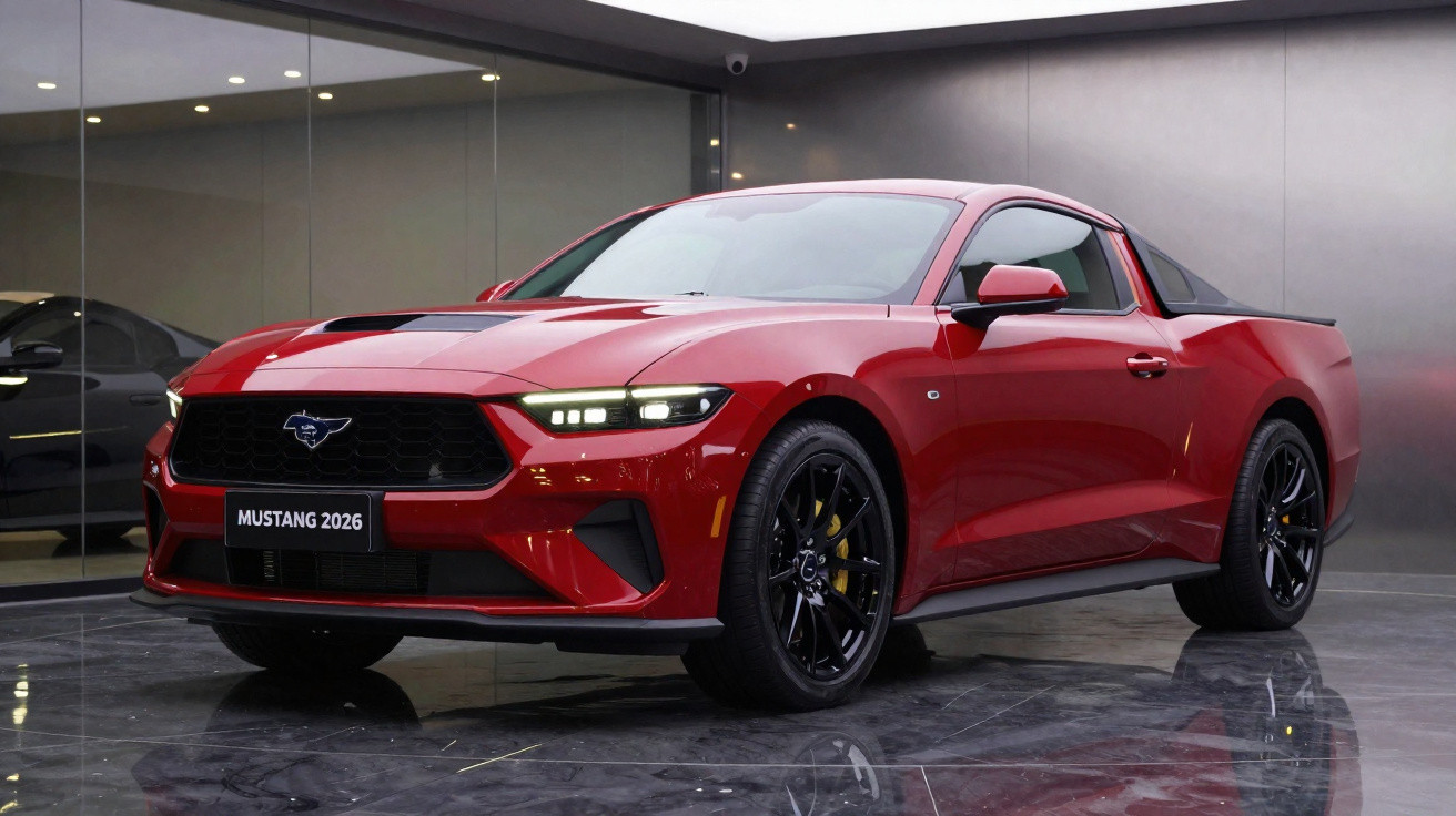 Pick-up Ford Mustang vermelha estacionada em espaço interior com vidros refletivos.