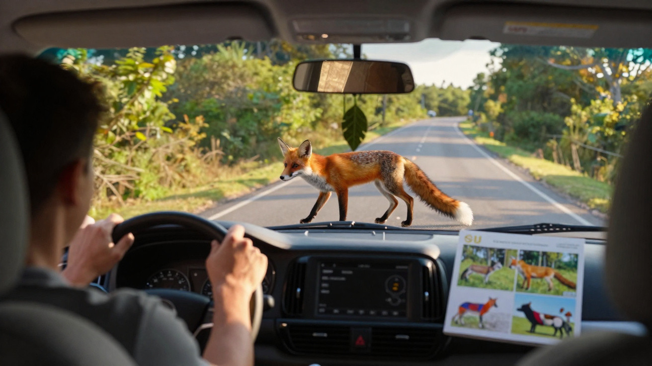 Raposa vermelha atravessa estrada vista do interior de um carro com condutor a segurar volante.