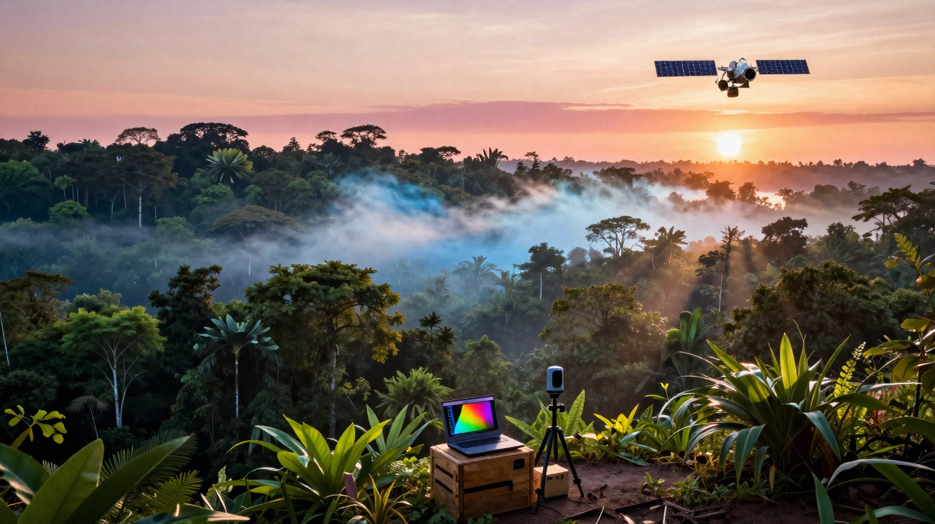 Satélite a sobrevoar floresta densa ao nascer do sol com nevoeiro e aparelho tecnológico em primeiro plano.