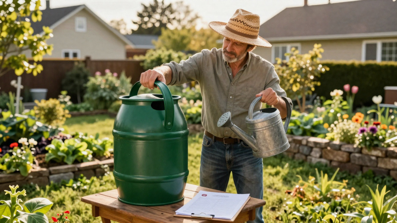 Homem com chapéu a utilizar regador e contentor verde num jardim com canteiros e flores.