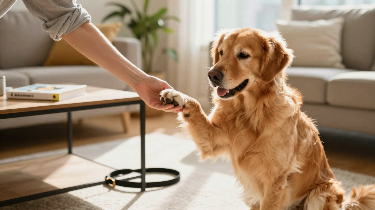 Cão Golden Retriever sentado no chão a dar a pata a uma pessoa sentada no sofá.