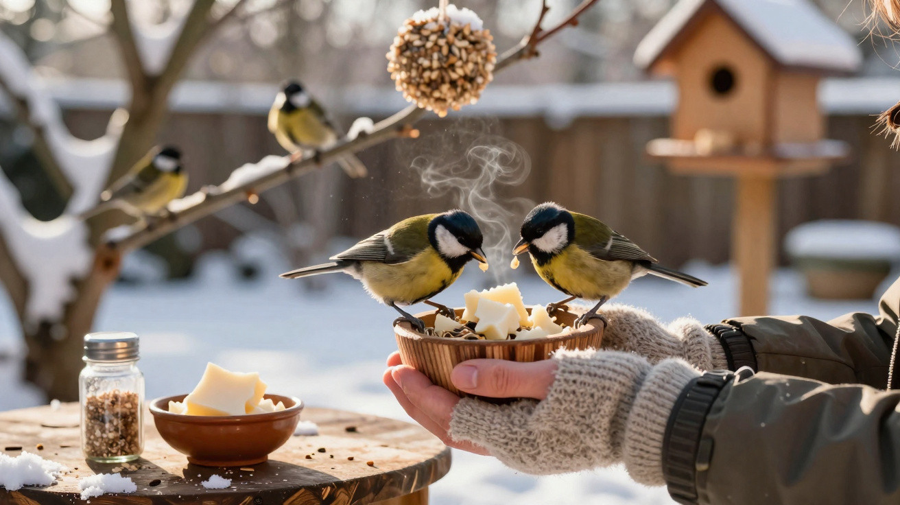 Mãos seguram tigela com comida quente para um pássaro, com mais pássaros em árvore e neve ao fundo.