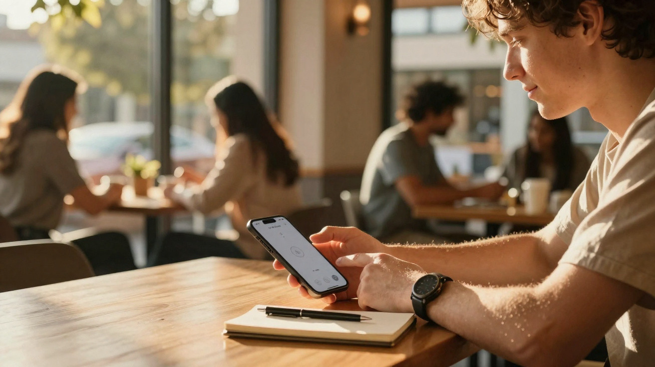 Jovem sentado à mesa de madeira numa cafetaria, a usar um smartphone, com outras pessoas ao fundo.