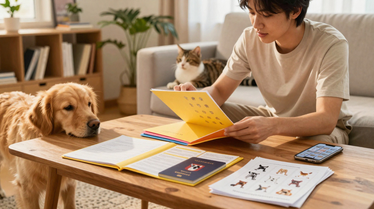 Jovem estudando num sofá com livros, smartphone, um cão e um gato numa mesa em casa iluminada.