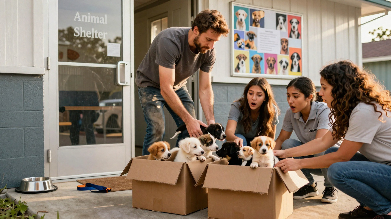 Três pessoas acariciam cachorros numa caixa de papelão à entrada de um abrigo de animais.