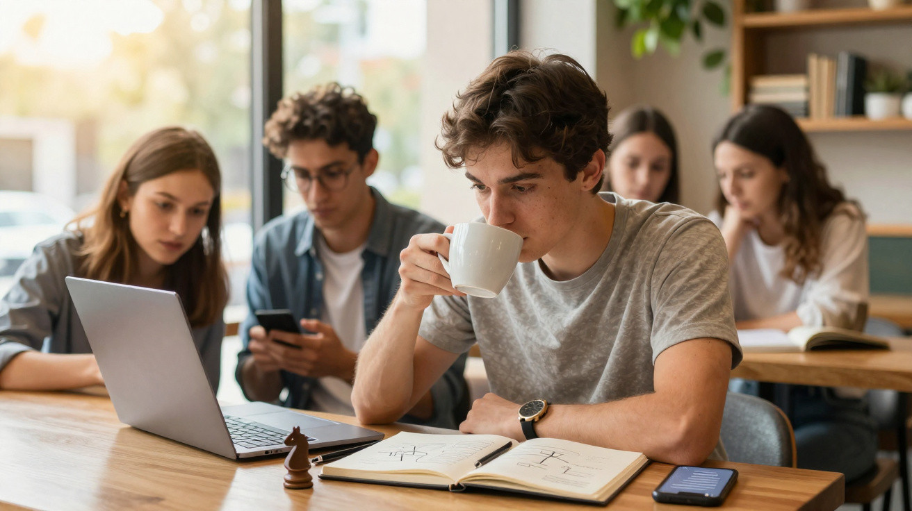 Jovem a beber café enquanto lê livro, com quatro pessoas ao fundo a trabalhar em ambiente descontraído.
