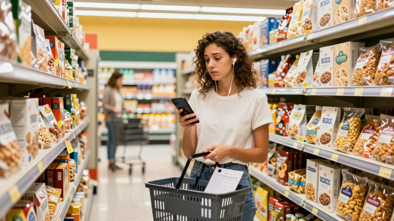 Jovem com auriculares no supermercado segurando um telemóvel e um cabaz de compras vazio.