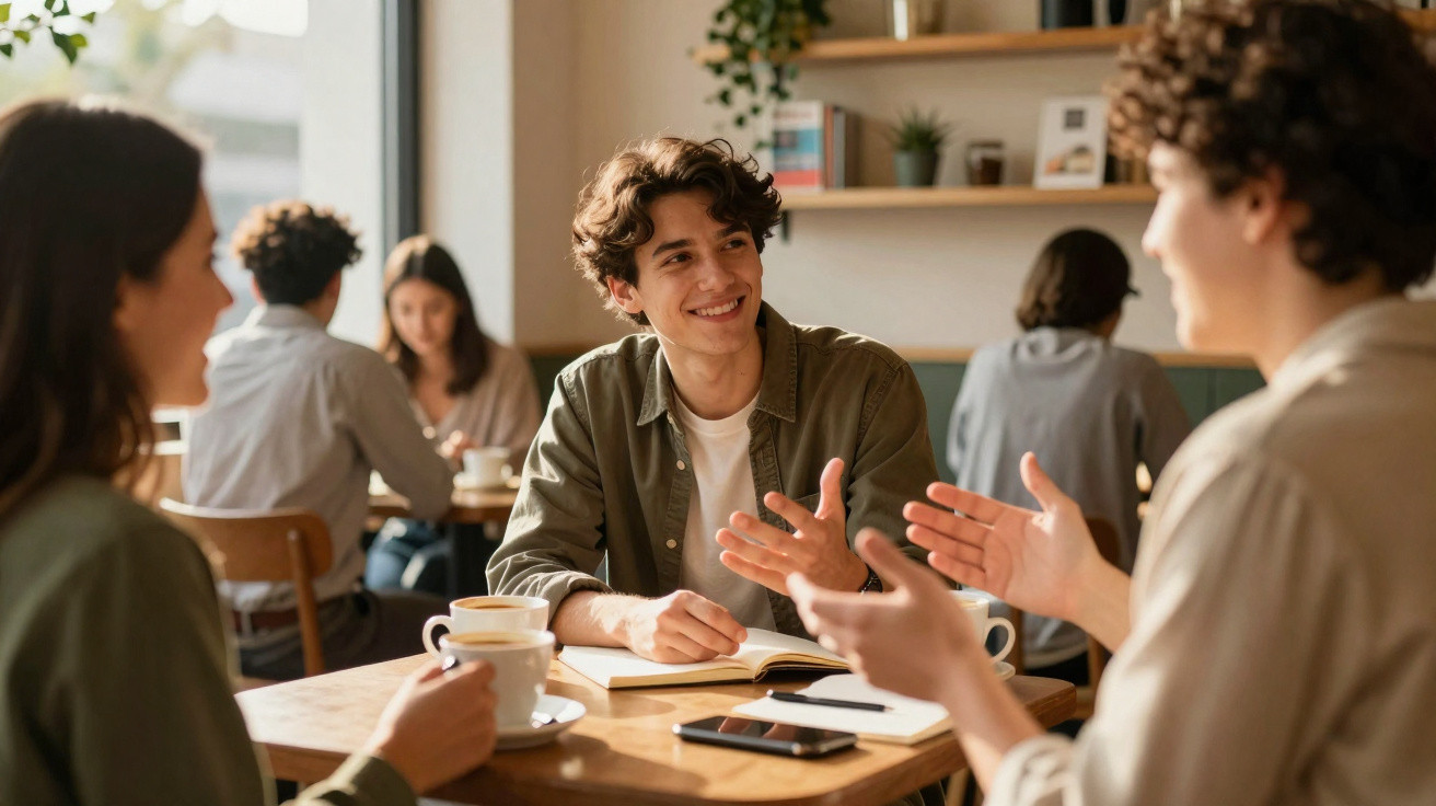 Três jovens a conversar e beber café numa mesa de café com cadernos e smartphones.