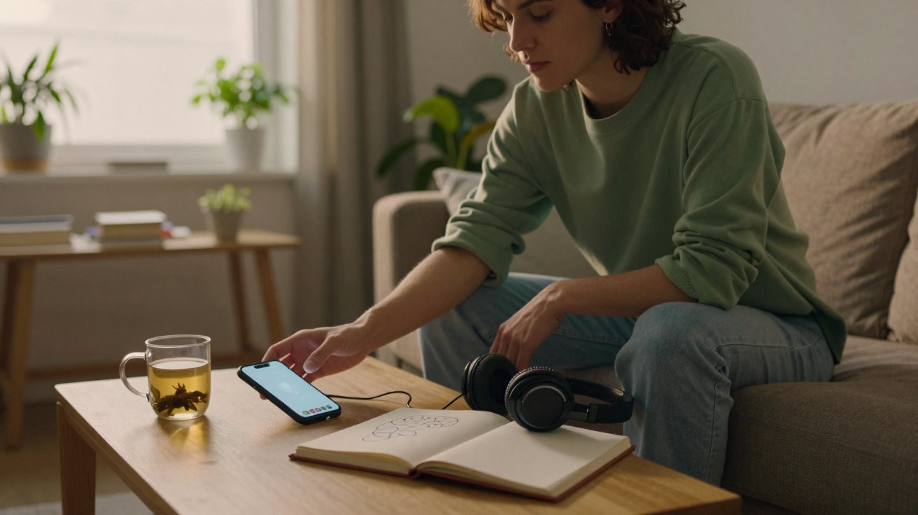 Pessoa sentada no sofá a interagir com o telemóvel numa mesa com caderno, auscultadores e chá.