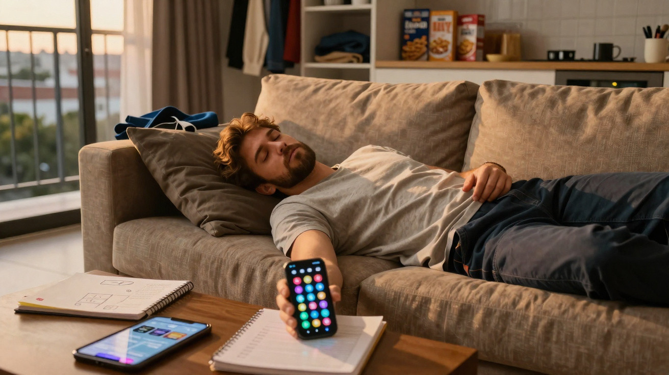 Jovem deitado no sofá a segurar telemóvel com ecrã de aplicações, ao lado de caderno e tablet numa mesa.