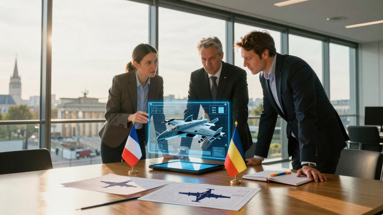 Dois homens em fato discutem projeto de avião em escritório com bandeiras da UE e França.