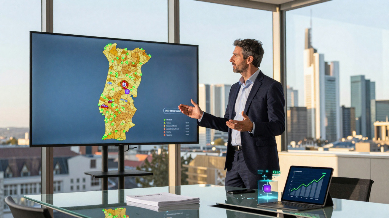 Homem apresenta mapa digital interativo de Portugal em ecrã grande numa sala de reuniões moderna.