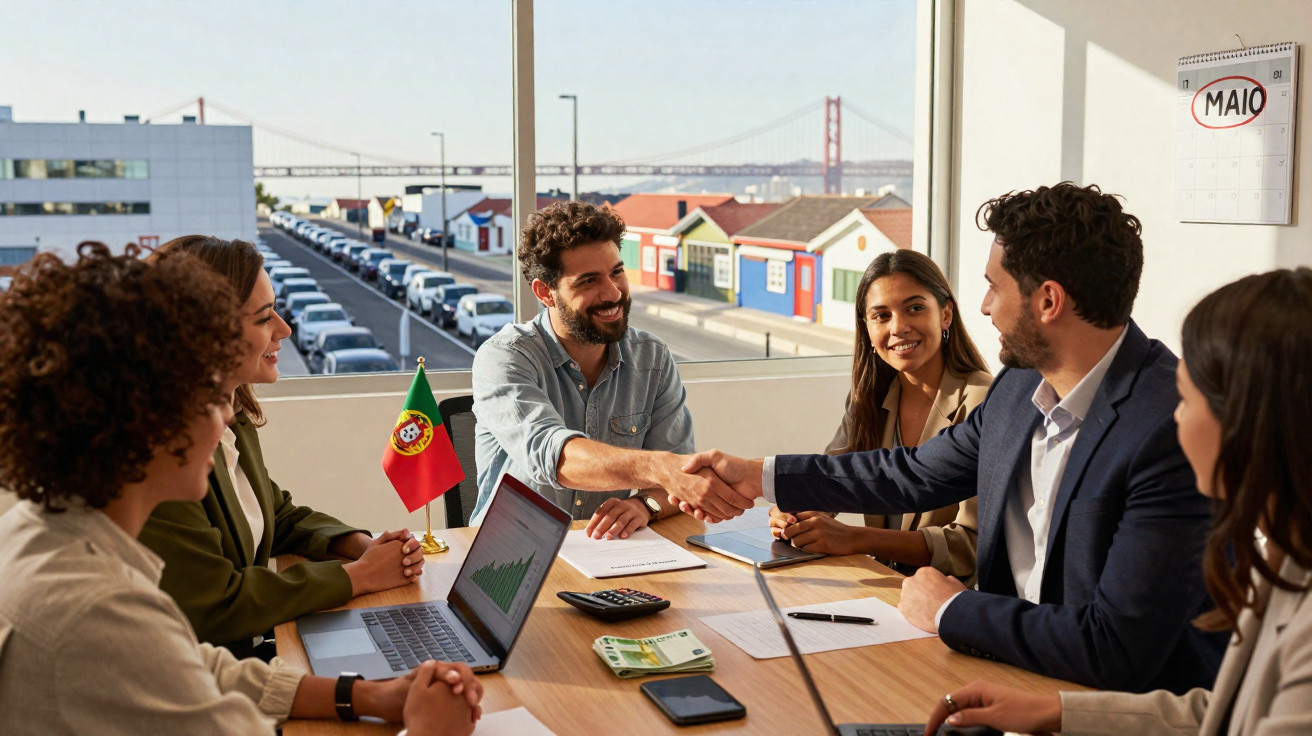 Quatro pessoas em reunião de negócios num escritório com vista para a ponte 25 de Abril em Lisboa.