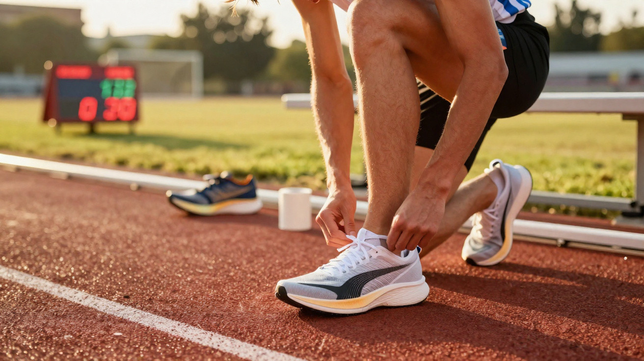 Atleta a amarrar os atacadores de sapatilhas brancas numa pista de corrida ao ar livre com placar ao fundo.