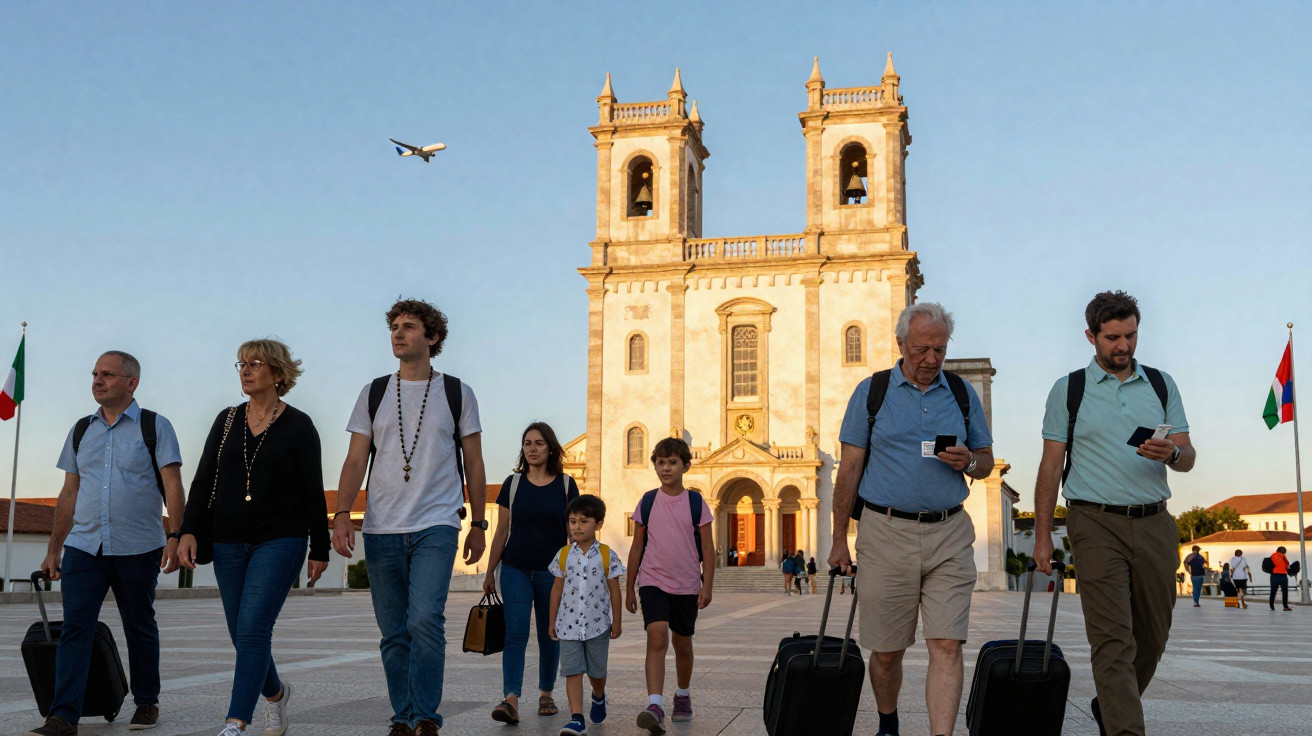 Grupo de pessoas a caminhar com malas em praça com igreja ao fundo e avião no céu, ao entardecer.