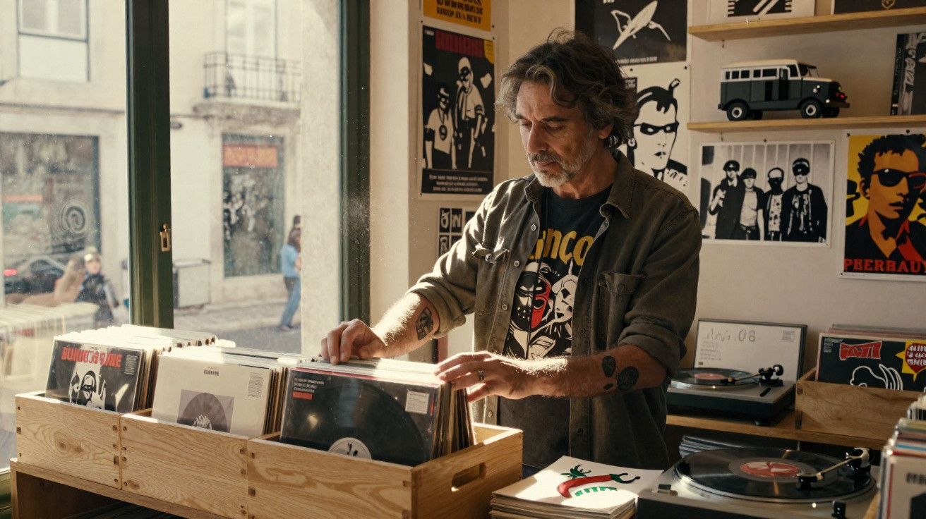 Homem a folhear discos de vinil numa loja com decoração musical e luz natural a entrar pela janela.