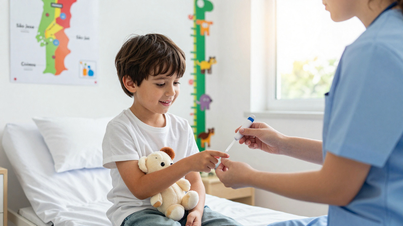 Criança com urso de peluche a seguradora, a receber cuidado médico de profissional de saúde num consultório.