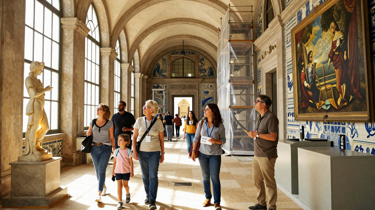 Grupo de pessoas a visitar galeria de arte com azulejos e estátuas clássicas, iluminada por luz natural.