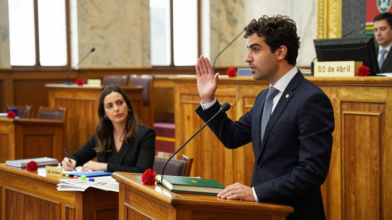 Homem a discursar com mulher a ouvir e tomar notas numa sala formal com bancos e flores vermelhas.