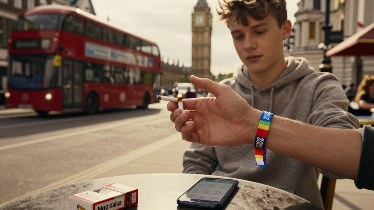 Pessoa a segurar um cigarro próximo de uma mesa com telemóvel e tabaco, autocarros vermelhos e Big Ben ao fundo em Londres.
