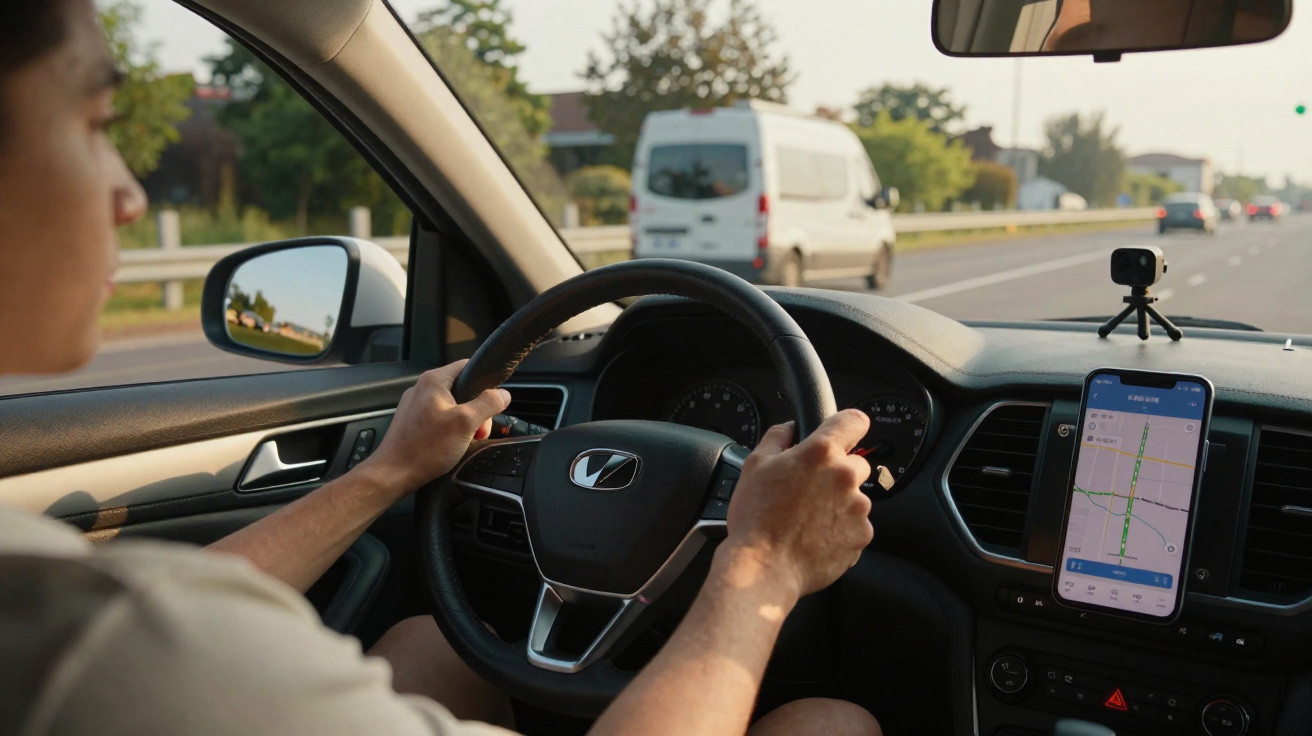 Pessoa a segurar o volante de um carro, com radar de velocidade visível na estrada à frente.