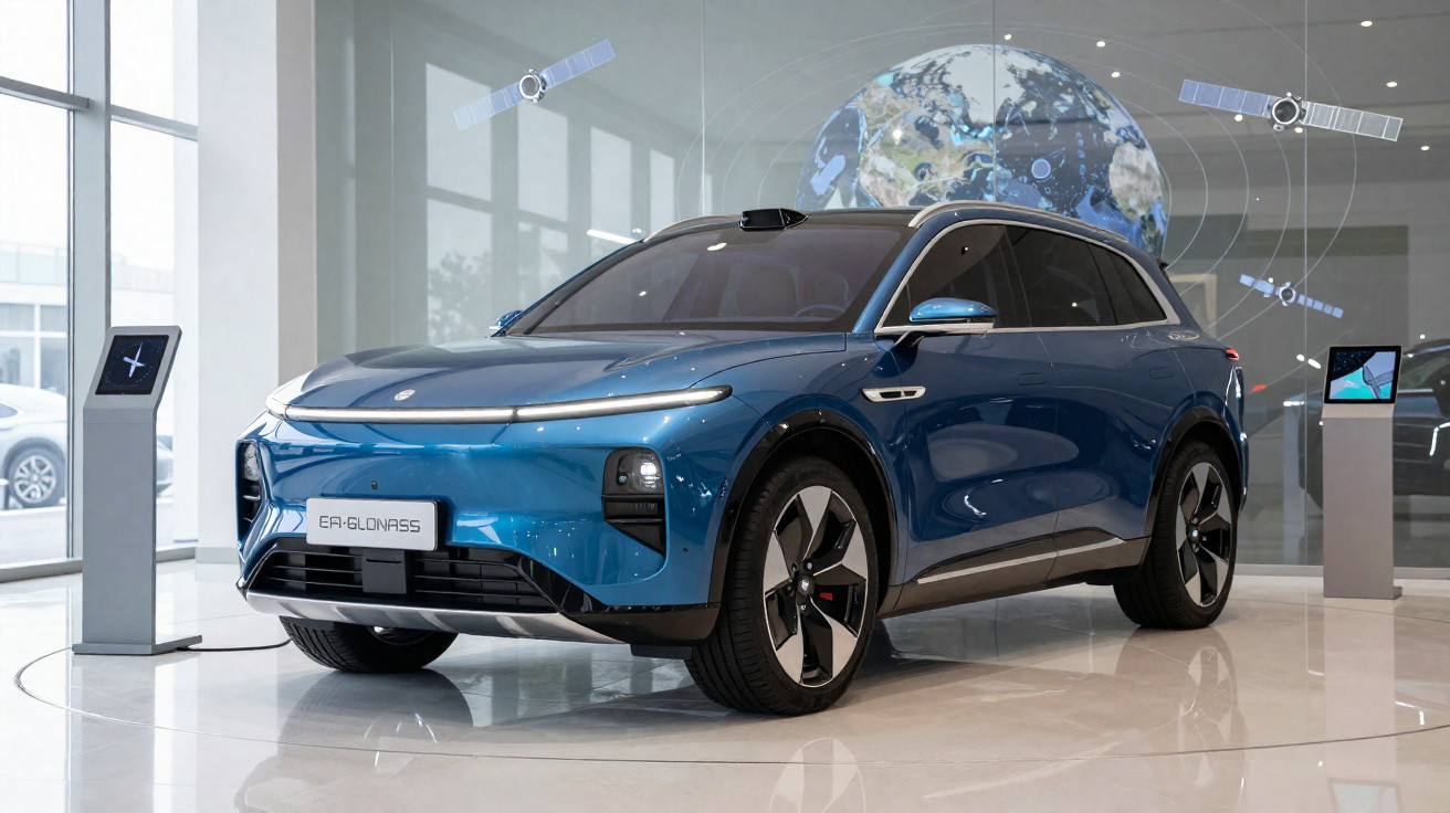 Carro elétrico azul moderno em exposição num espaço interior com janelas amplas e pedestal digital.