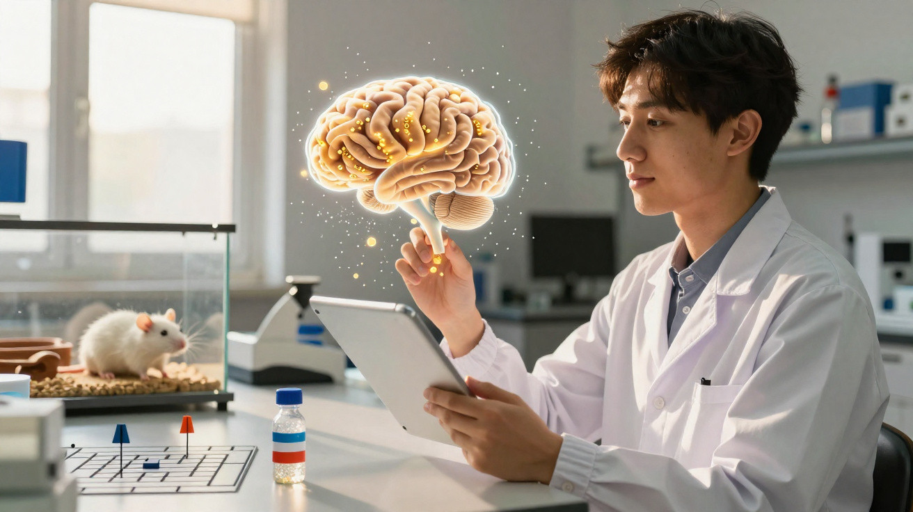 Cientista em laboratório com imagem holográfica de cérebro, rato em aquário e tabuleiro de labirinto.