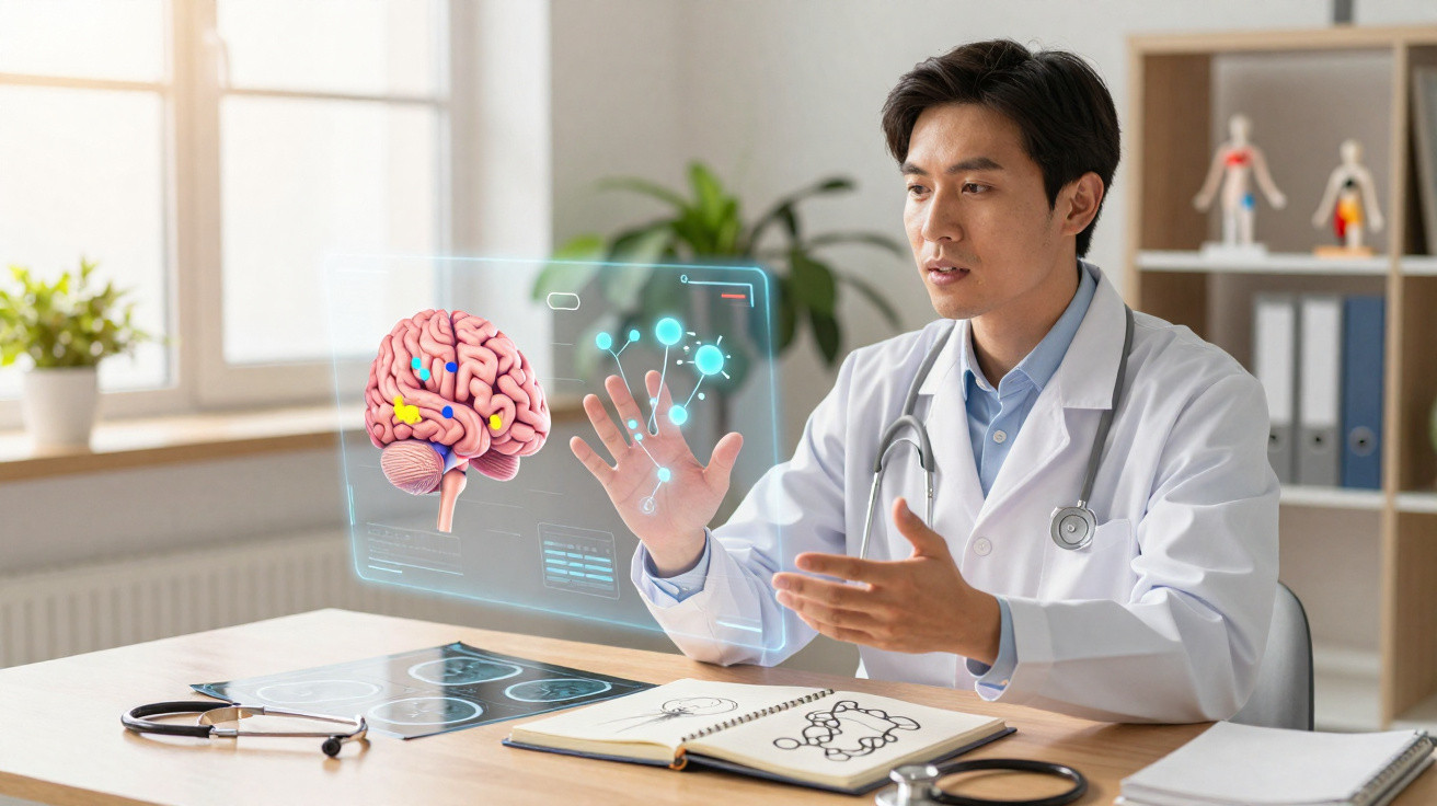 Médico a analisar imagens holográficas do cérebro e mão, sentado numa mesa com livros e estetoscópio.