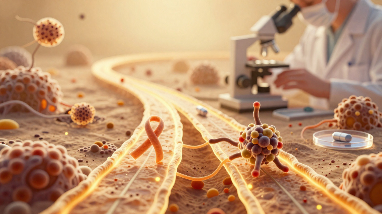 Ilustração microscópica de vírus e partículas virais com cientista a usar microscópio ao fundo.