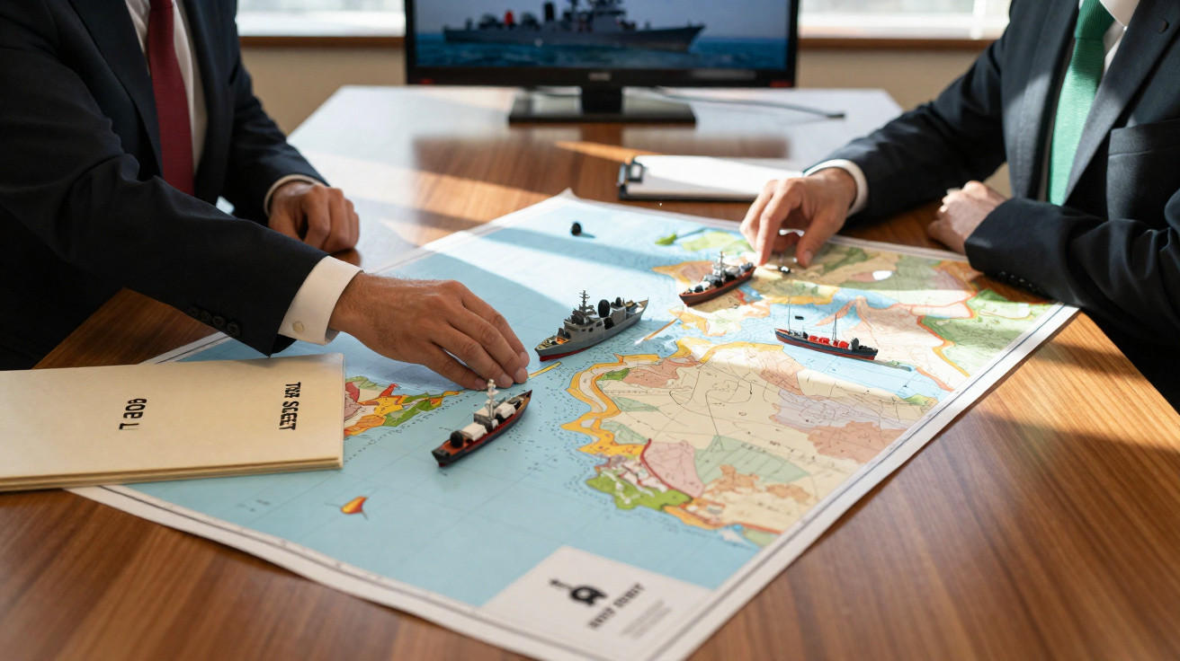 Duas pessoas em fato a planear operação naval com modelo de navios sobre um mapa náutico.