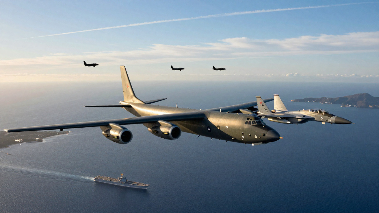 Aviões militares em voo sobre o mar, com navio visível na água e ilhas ao fundo ao entardecer.