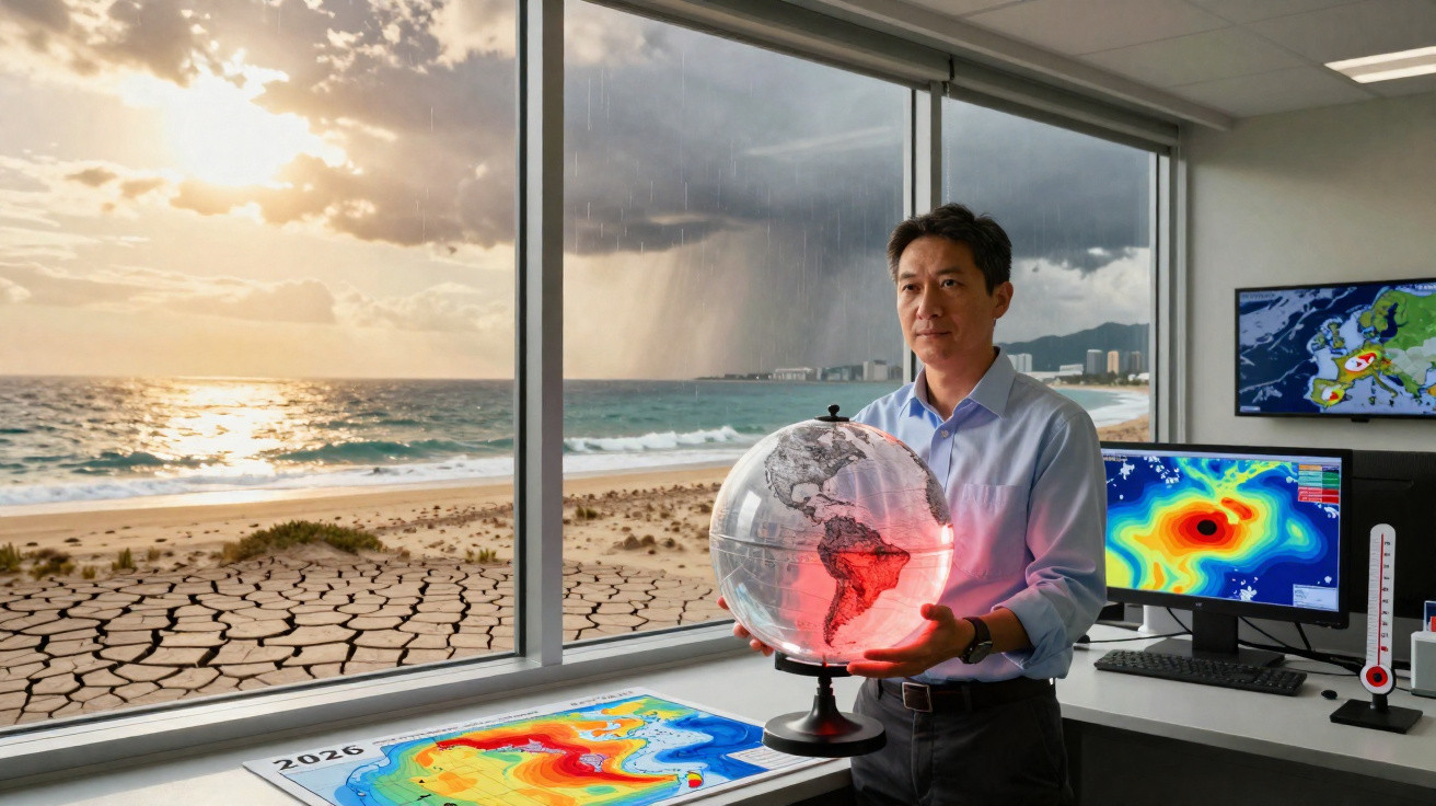 Homem numa sala com monitores meteorológicos, segurando globo terrestre, frente a janela com vista para seca e tempestade.