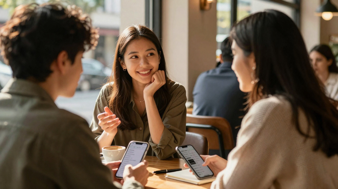 Duas pessoas sentadas num café a conversar, com café e telemóvel sobre a mesa iluminada pela luz natural.