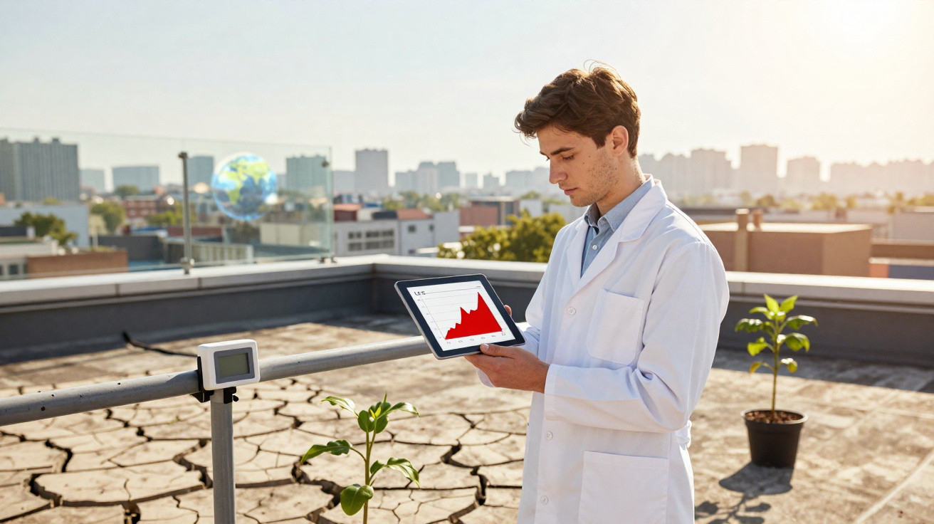 Jovem cientista em bata branca analisa dados num tablet numa varanda com cidade ao fundo.