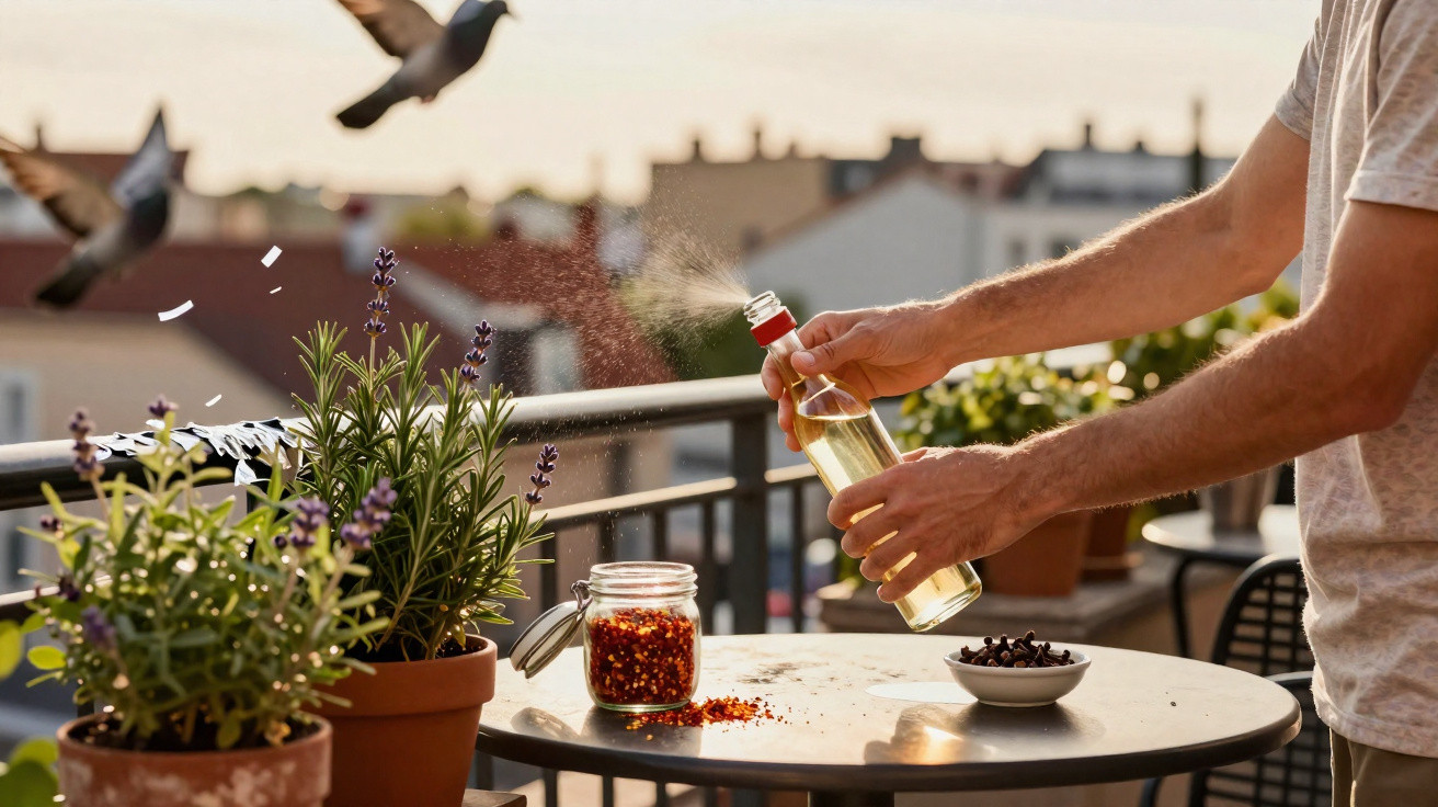 Pessoa a pulverizar plantas em vasos num terraço urbano com pombos a voar ao fundo.