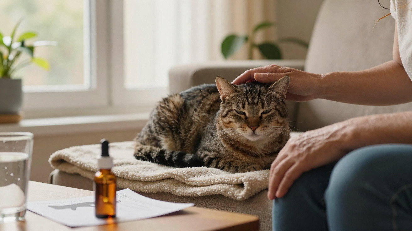 Gato deitado numa manta sobre mesa, enquanto pessoa acaricia sua cabeça, com plantas e janela ao fundo.