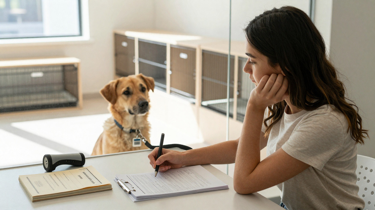 Mulher a preencher formulário numa clínica veterinária com cão sentado em frente a olhar para ela.