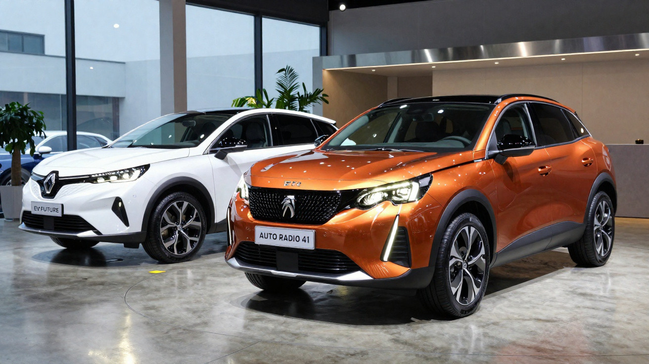 Dois carros SUV modernos expostos em showroom, um laranja e outro branco.