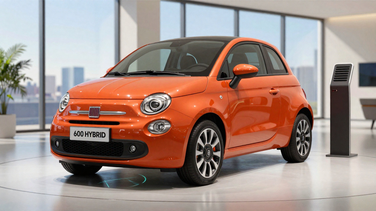 Carro elétrico híbrido Fiat 600 laranja num showroom moderno com carregador ao lado.