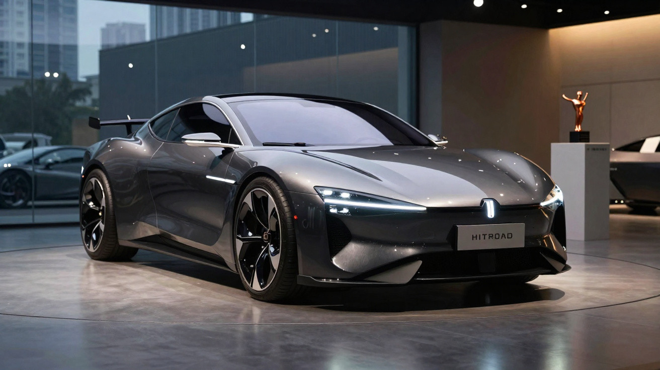 Carro desportivo elétrico cinzento com design moderno exposto numa sala com iluminação suave.