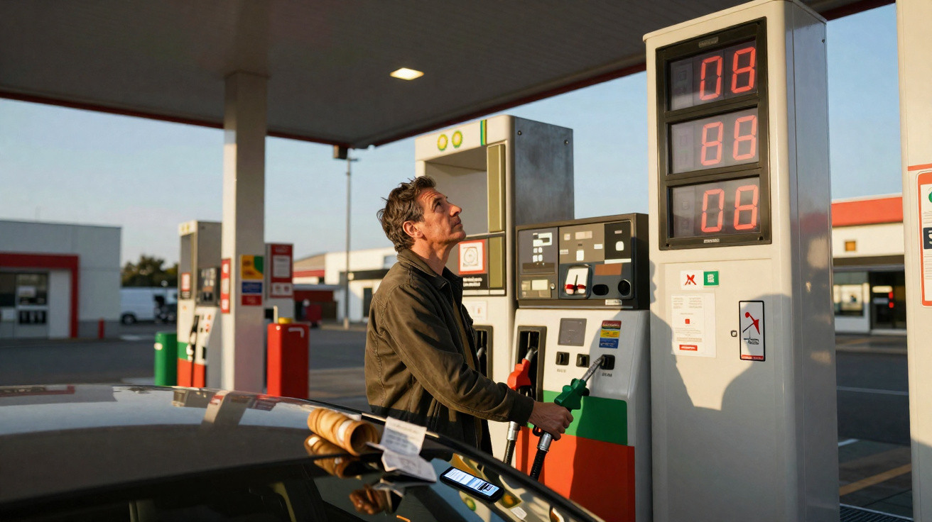 Homem na bomba de gasolina numa estação a olhar para o visor com preços ao pôr do sol.